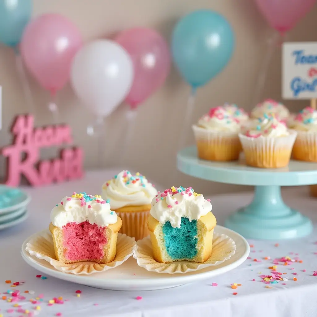 Gender reveal cupcakes displayed on a festive table with balloons and party decorations.