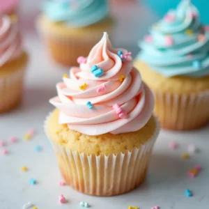 Gender reveal cupcakes decorated with pink and blue frosting, perfect for a celebration with baby-themed sprinkles.