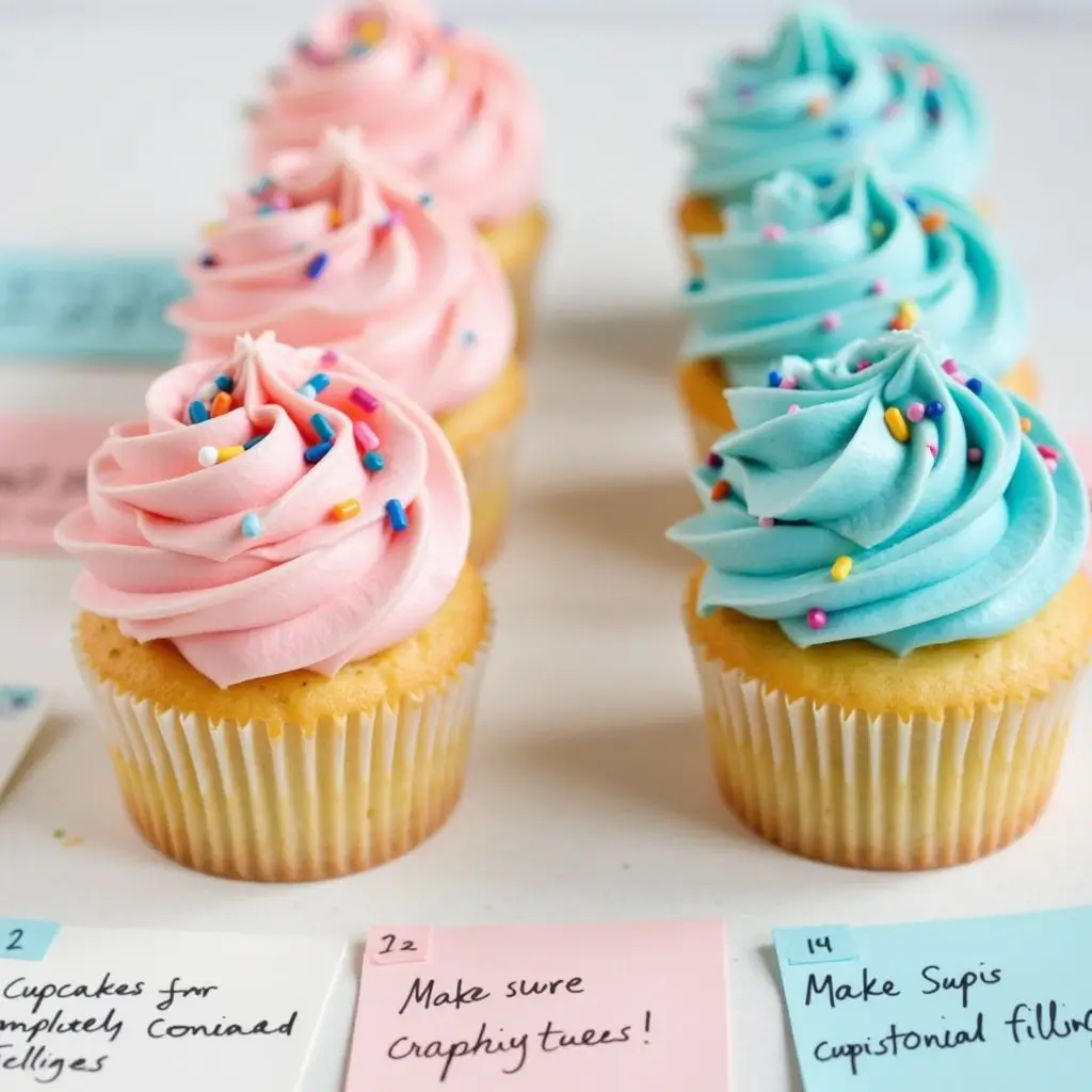 Two batches of gender reveal cupcakes, one with pink frosting and one with blue frosting, with handwritten pro tips on the side.