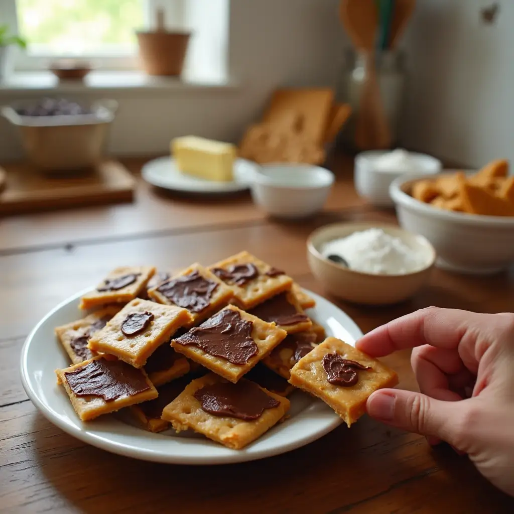 Cozy kitchen scene with a plate of homemade saltine cracker toffee and a hand reaching for a piece.