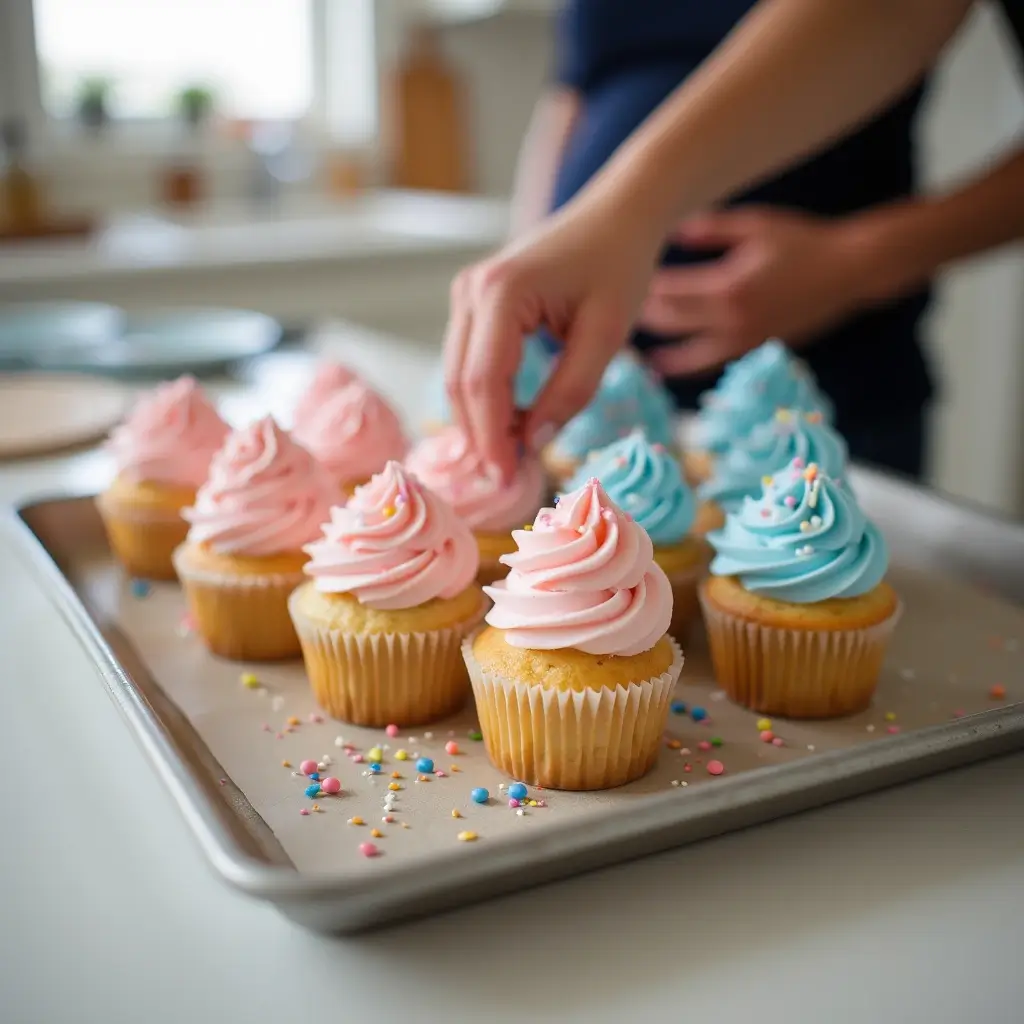Cozy kitchen scene with freshly baked gender reveal cupcakes on a tray, decorated with pink and blue frosting and baby-themed sprinkles