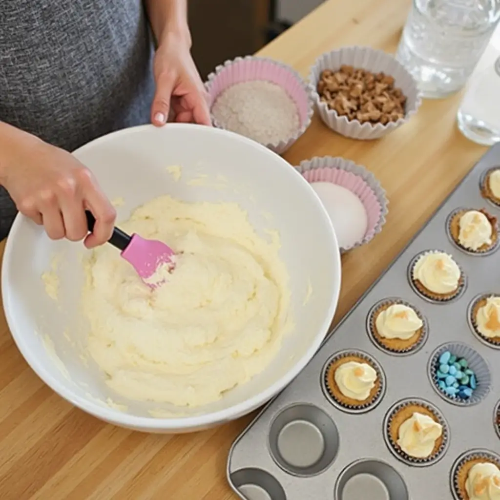 Step-by-step image of cupcake preparation with ingredients being mixed and muffin tins ready for baking.
