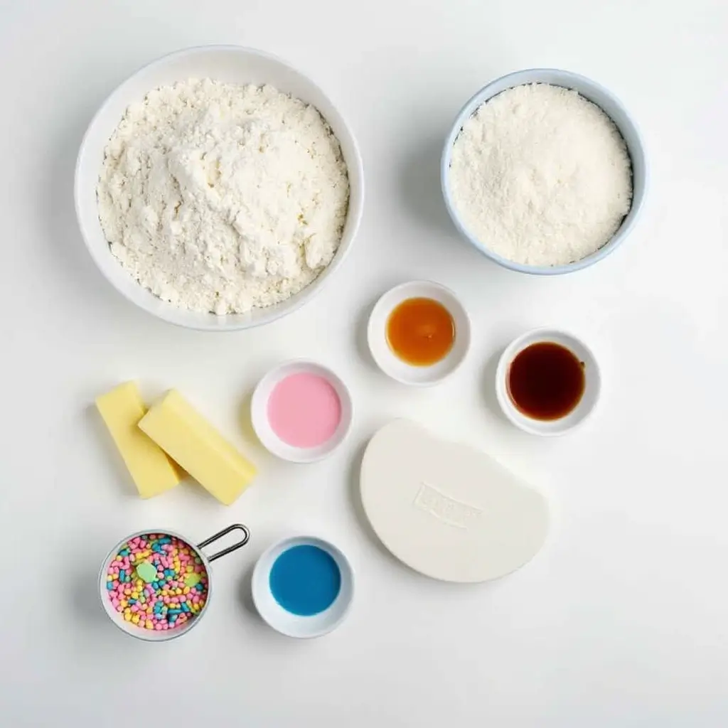 Flat lay of ingredients for gender reveal cupcakes, including flour, sugar, eggs, food coloring, and sprinkles.