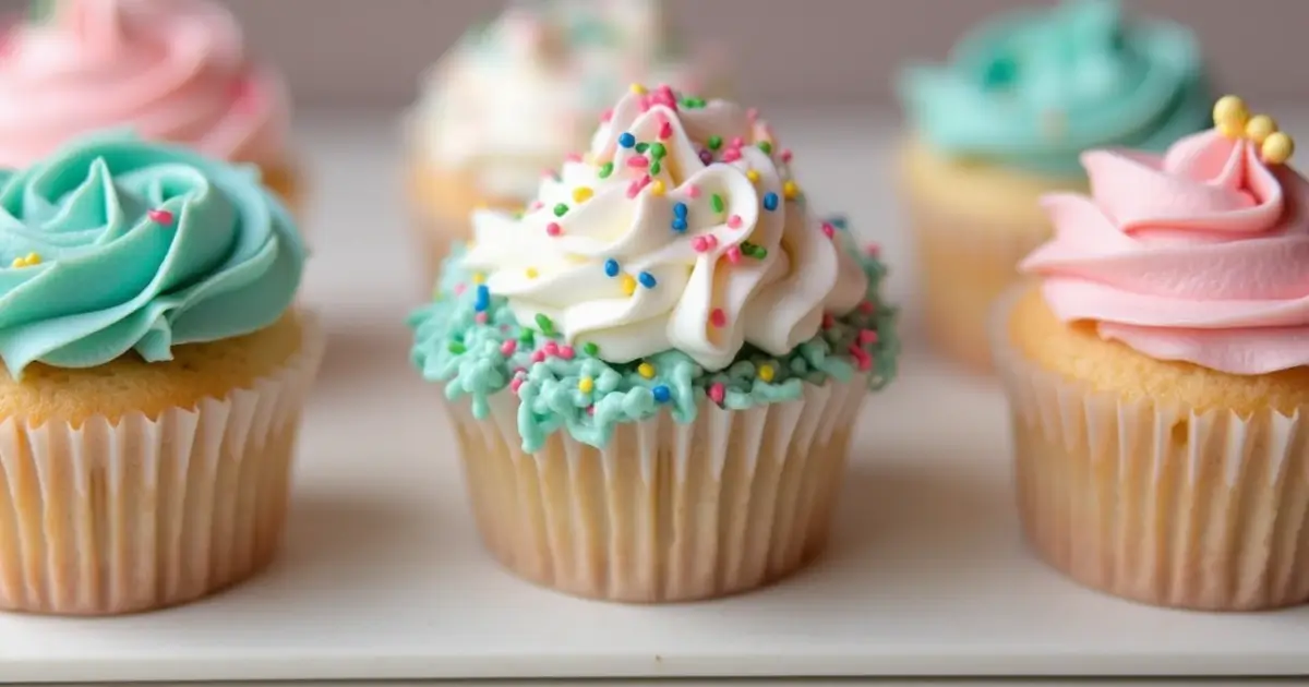 Close-up of gender reveal cupcakes with pink and blue frosting, decorated with baby-themed sprinkles for a celebration.