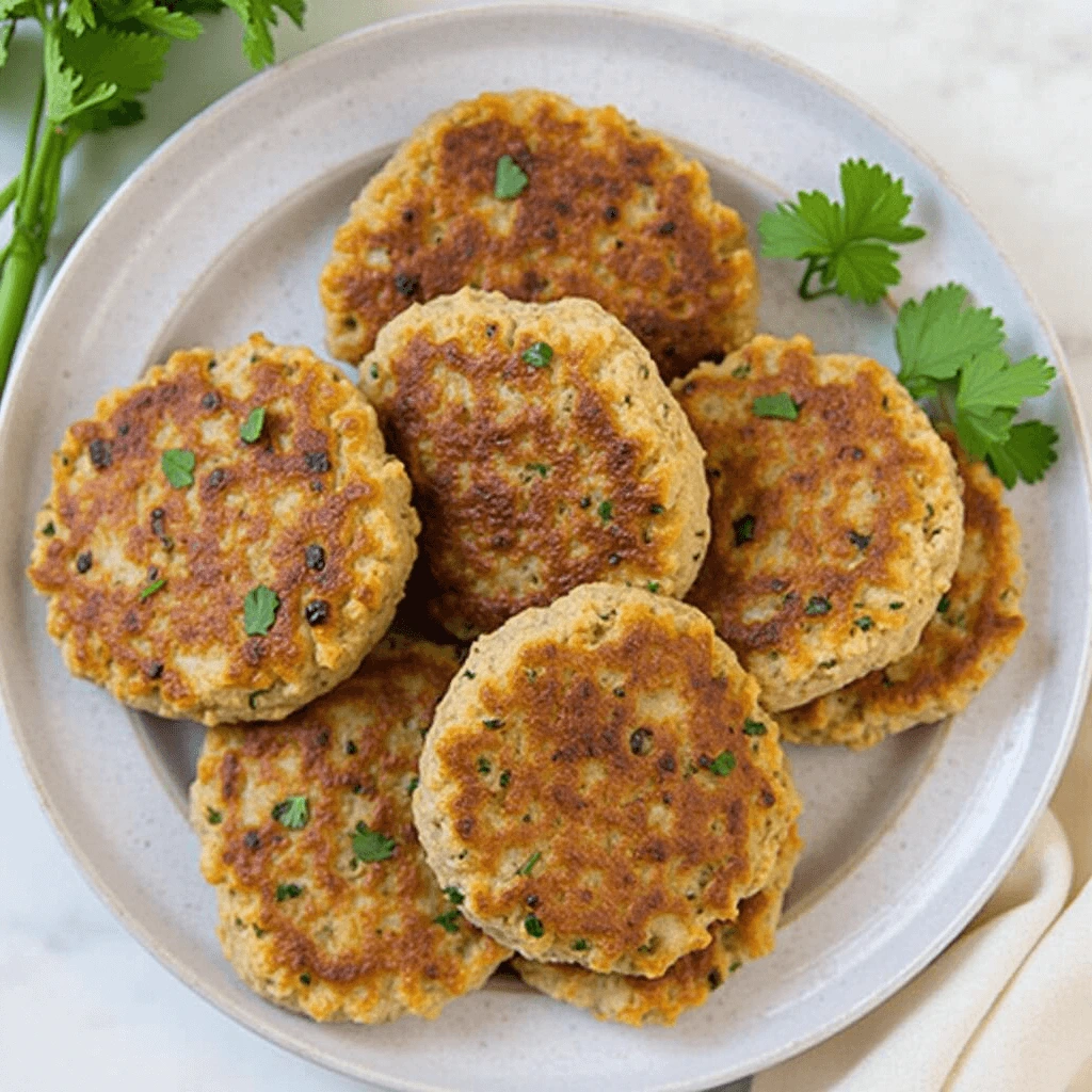 Homemade turkey sausage patties served on a plate with fresh herbs and a side of eggs.