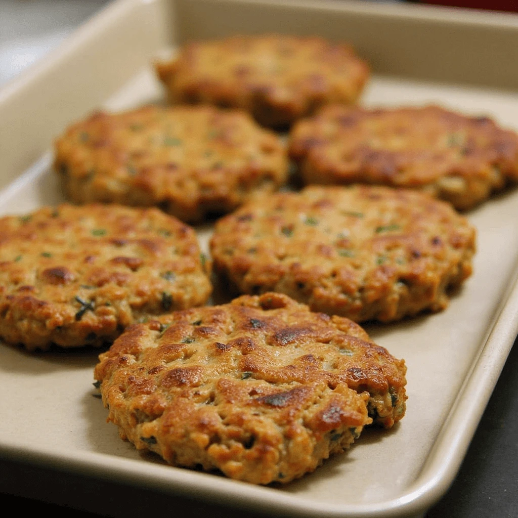 Homemade turkey sausage patties served on a plate with fresh herbs and a side of eggs