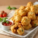 Crazy Puffs stacked on a serving platter with marinara sauce, garnished with fresh basil, and served on a warm-toned tablecloth.