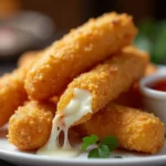 Crispy mozzarella cheese sticks with gooey cheese pull and marinara sauce on a white plate.