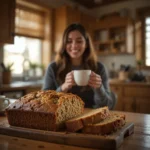 A woman smiles while enjoying a slice of warm banana bread with a cup of coffee in a cozy kitchen setting.