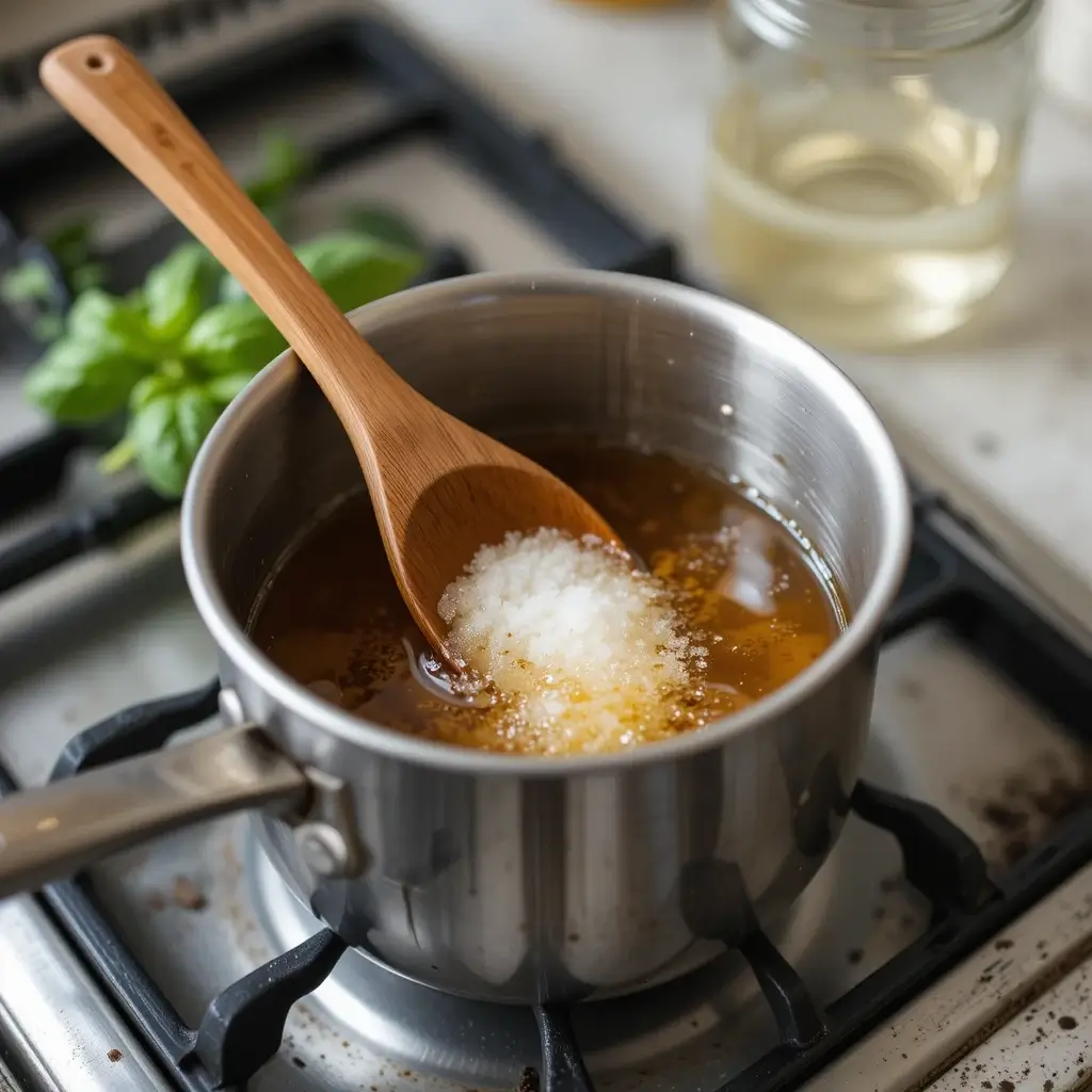 A small saucepan on a stovetop with sugar and water dissolving into syrup, with fresh basil leaves nearby, ready to be infused.