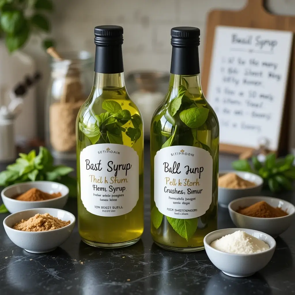 Two bottles of basil syrup—one classic and one lime-infused—on a kitchen counter with honey and brown sugar as alternative sweeteners.
