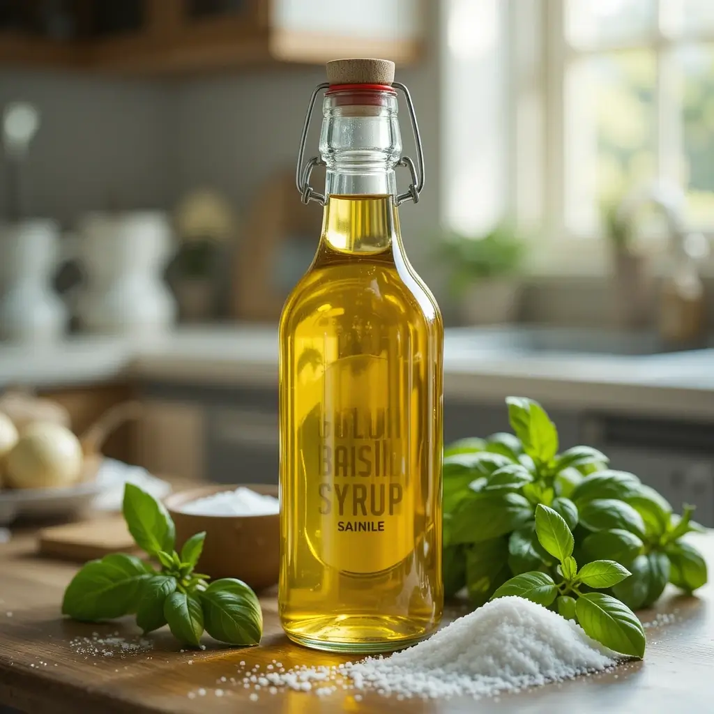 A glass bottle of basil simple syrup on a wooden countertop, surrounded by fresh basil leaves and sugar, with soft natural lighting.