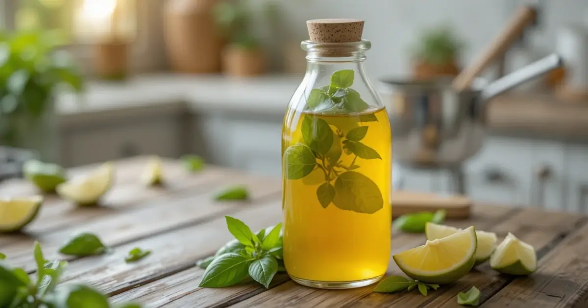 A glass bottle of homemade basil simple syrup on a rustic wooden surface, surrounded by fresh basil leaves and lime wedges.