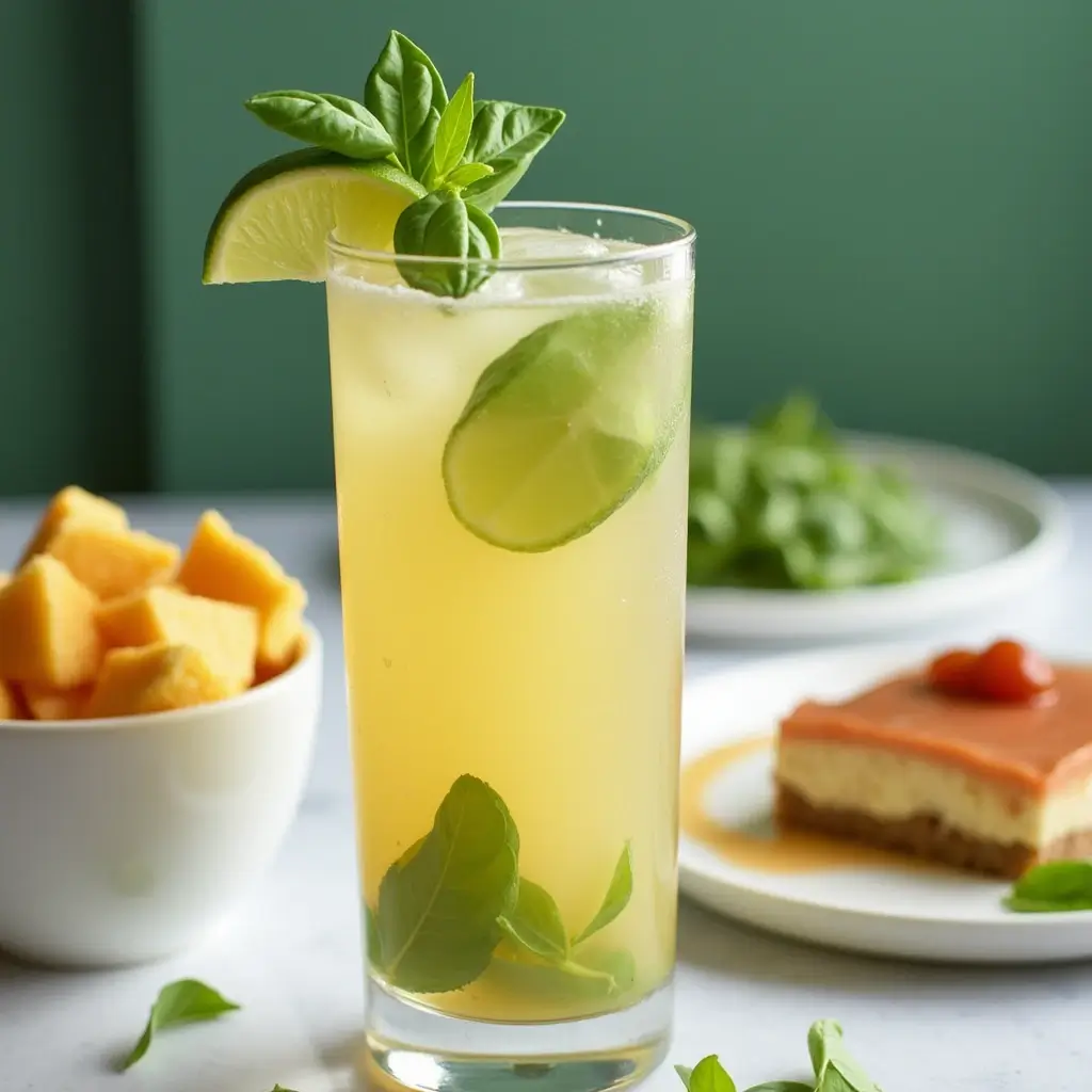 A cocktail glass with basil-infused drink, garnished with fresh basil and a lime wedge, next to a small dessert plate drizzled with syrup.