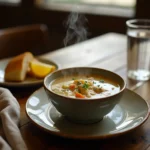 A beautifully plated bowl of chicken soup with crusty bread, lemon wedges, and fresh herbs, served on a wooden table with soft lighting.