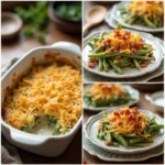 Three versions of green bean casserole—one with cheese, one with bacon, and a dairy-free version—each plated and labeled.