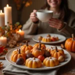 A cozy Thanksgiving setting with festive marzipan desserts shaped like pumpkins and acorns, with warm candlelight and autumn decorations.