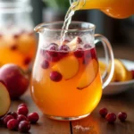 A glass pitcher being filled with apple juice, cranberry juice, and orange juice, with fresh fruit slices floating on top.