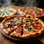 Three different types of pizzas—classic pepperoni, veggie-loaded, and white sauce gourmet—served on a wooden board.