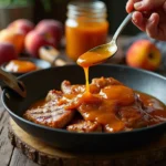 A plate of grilled meat glazed with peach preserves sauce, surrounded by fresh peaches and a jar of preserves on a rustic wooden table.