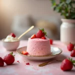 A beautifully plated pink strawberry dessert with fresh strawberries and whipped cream on a pastel table.