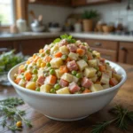 A bowl of Russian salad with cream cheese, diced vegetables, and ham, served on a rustic wooden table with fresh dill garnish.