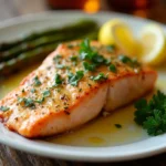 Garlic butter salmon with crispy crust, roasted asparagus, and lemon slices on a white plate.