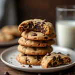 A stack of warm chocolate chip cookies on a white plate, paired with a glass of cold milk, ready to be enjoyed.