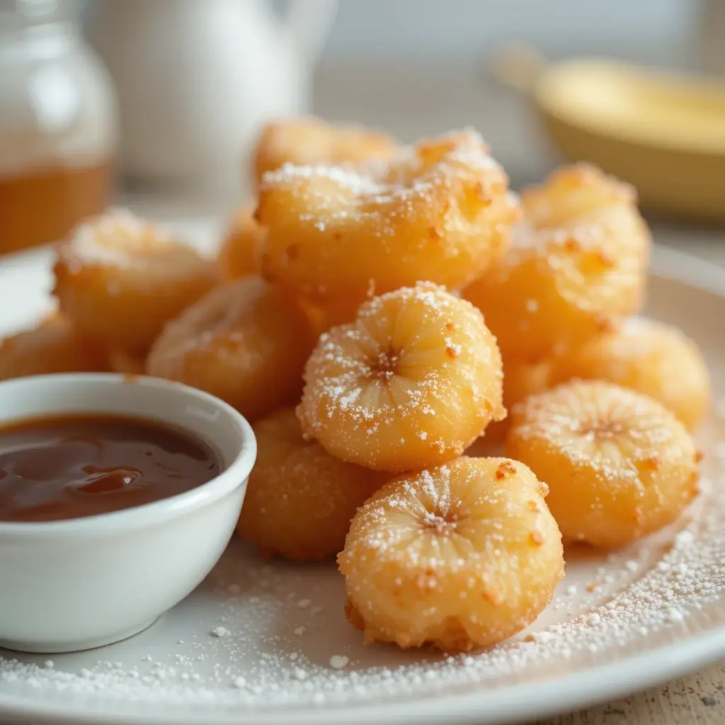 A plate of golden banana tempura drizzled with honey, with a smiling woman enjoying a bite in a cozy café setting.