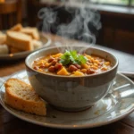 Peanut butter chili served with cornbread and a side of rice, ready to be enjoyed on a rustic table.