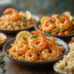 Shrimp Francese served with pasta, rice, and vegetables for different variations.
