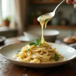 Creamy sage sauce served over pasta with fresh sage leaves, a rich and inviting dish in a cozy kitchen setting.