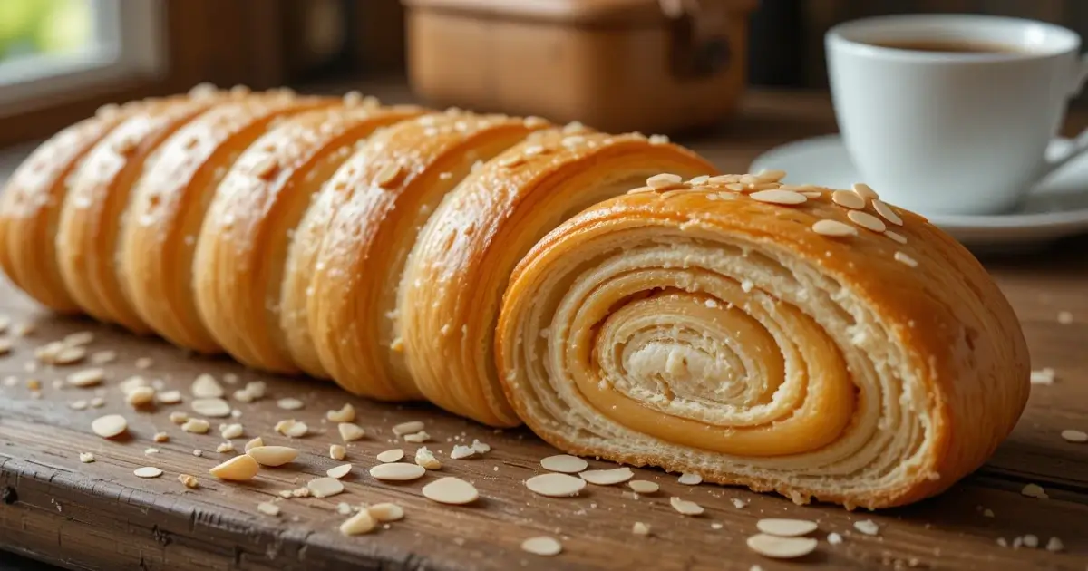 Traditional Dutch Banket pastry with almond filling, golden crust, and a light dusting of powdered sugar.