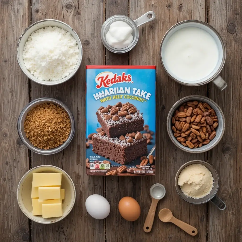A flat-lay of Hurricane Cake ingredients, including chocolate cake mix, coconut, pecans, eggs, butter, and evaporated milk on a wooden surface.