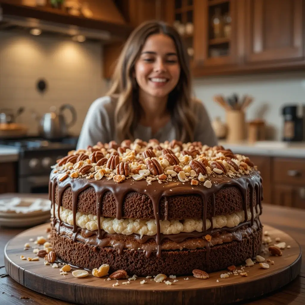 A freshly baked Hurricane Cake on a wooden table, topped with toasted coconut and pecans, with a woman smiling in the background.