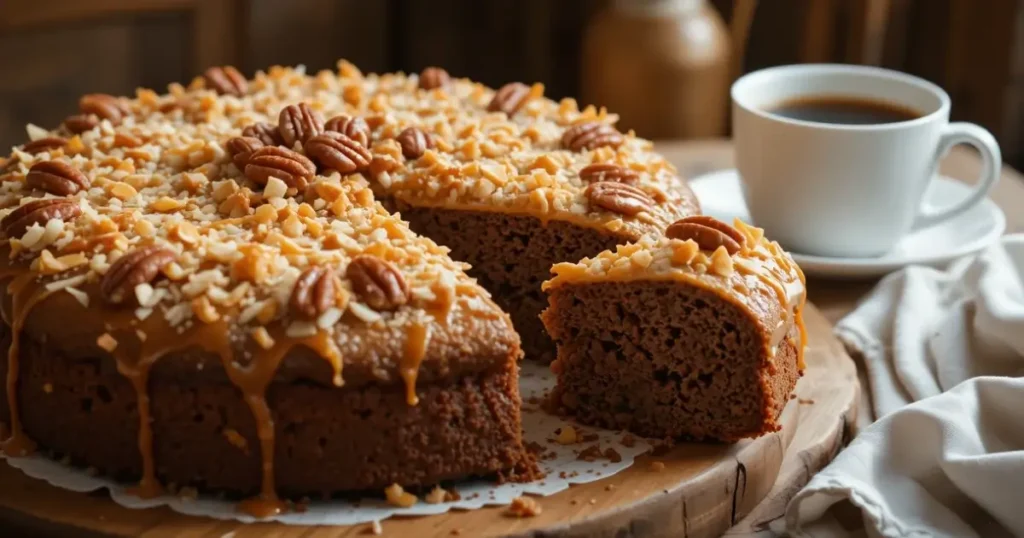 A rich, gooey Hurricane Cake topped with toasted coconut and pecans, with a slice cut out revealing its moist, chocolatey layers.
