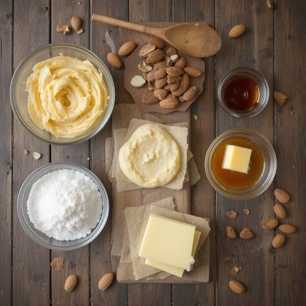 Key ingredients for Dutch Banket including almond paste, puff pastry, butter, sugar, eggs, and vanilla extract on a rustic wooden surface.