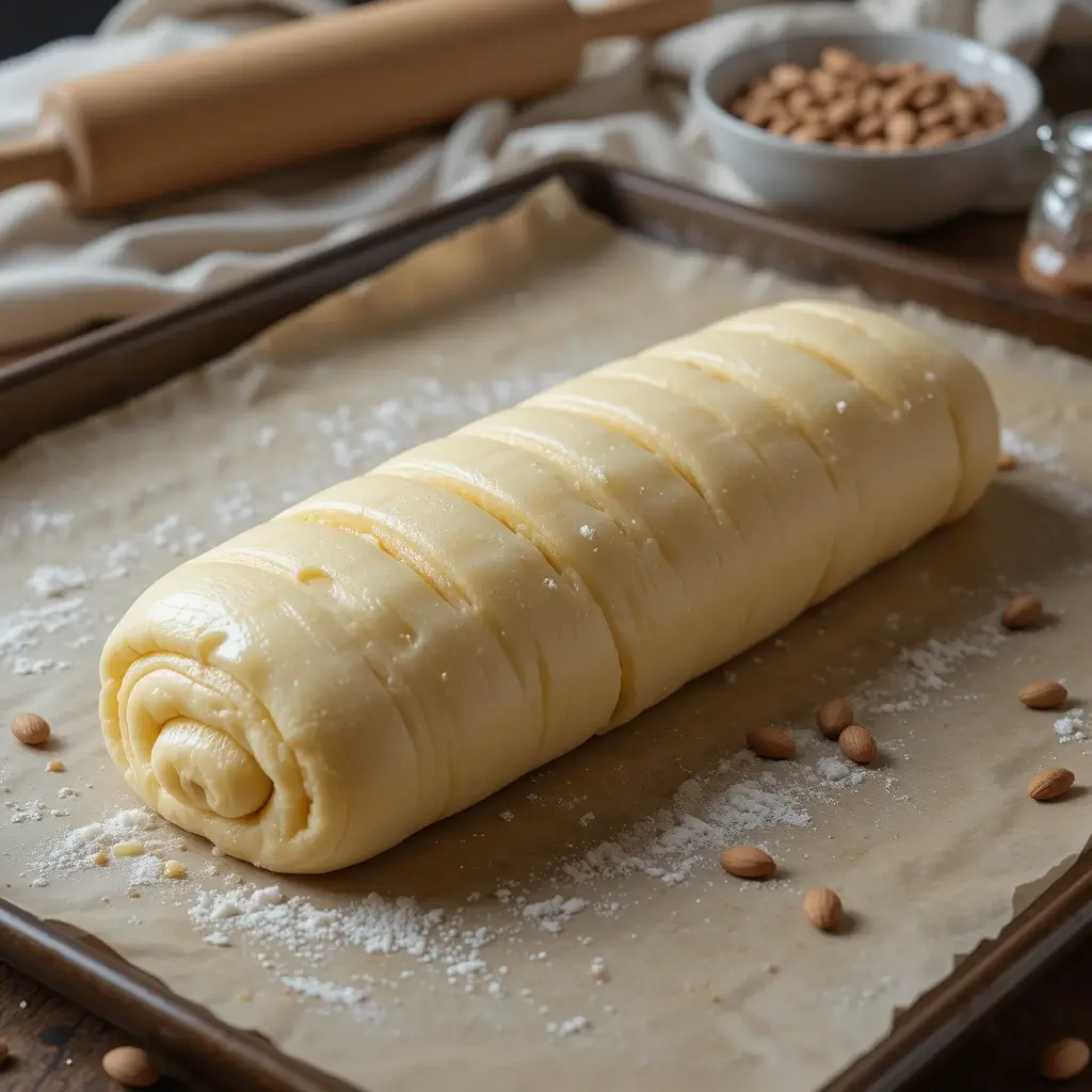 A freshly prepared Dutch Banket pastry on a parchment-lined tray before baking, ready to go into the oven.