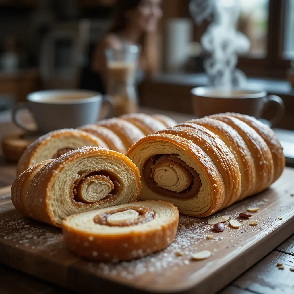 Golden Dutch Banket pastry sliced to reveal almond filling with powdered sugar and a warm coffee cup on a rustic wooden table.