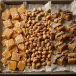 A split-screen showing butterscotch candy variations—one with sea salt, another with nuts, and a third drizzled with chocolate.