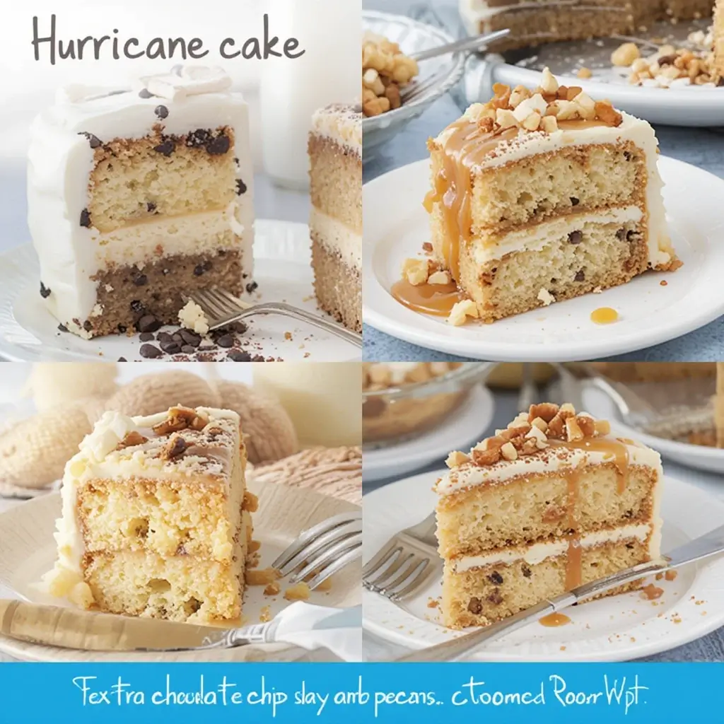 Three plated variations of Hurricane Cake—one with extra chocolate chips, another with caramel drizzle, and one topped with walnuts.