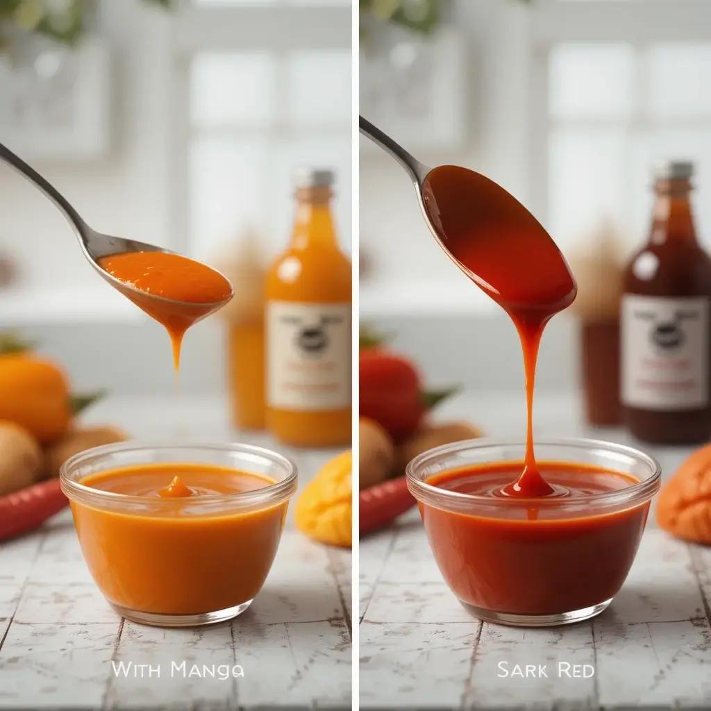 A spoonful of thick hot sauce next to a thinner version, with additional variations like mango-infused and smoky-style sauces in the background.