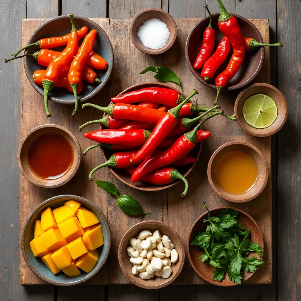 A flat lay of fresh Scotch Bonnet peppers, garlic, vinegar, lime, salt, and honey on a rustic wooden table, neatly arranged.