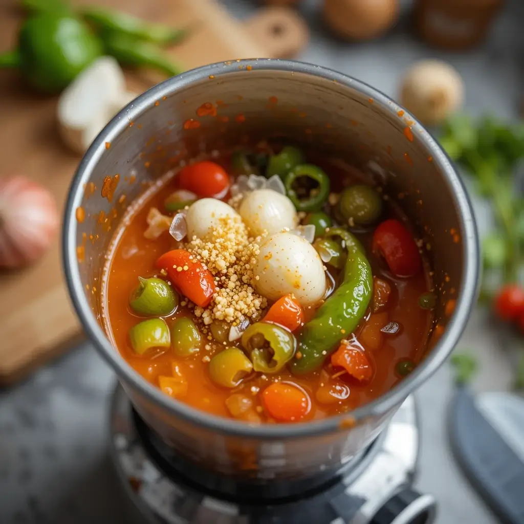 A blender filled with Scotch Bonnet peppers, garlic, and vinegar, blending into a smooth, vibrant hot sauce on a kitchen counter.
