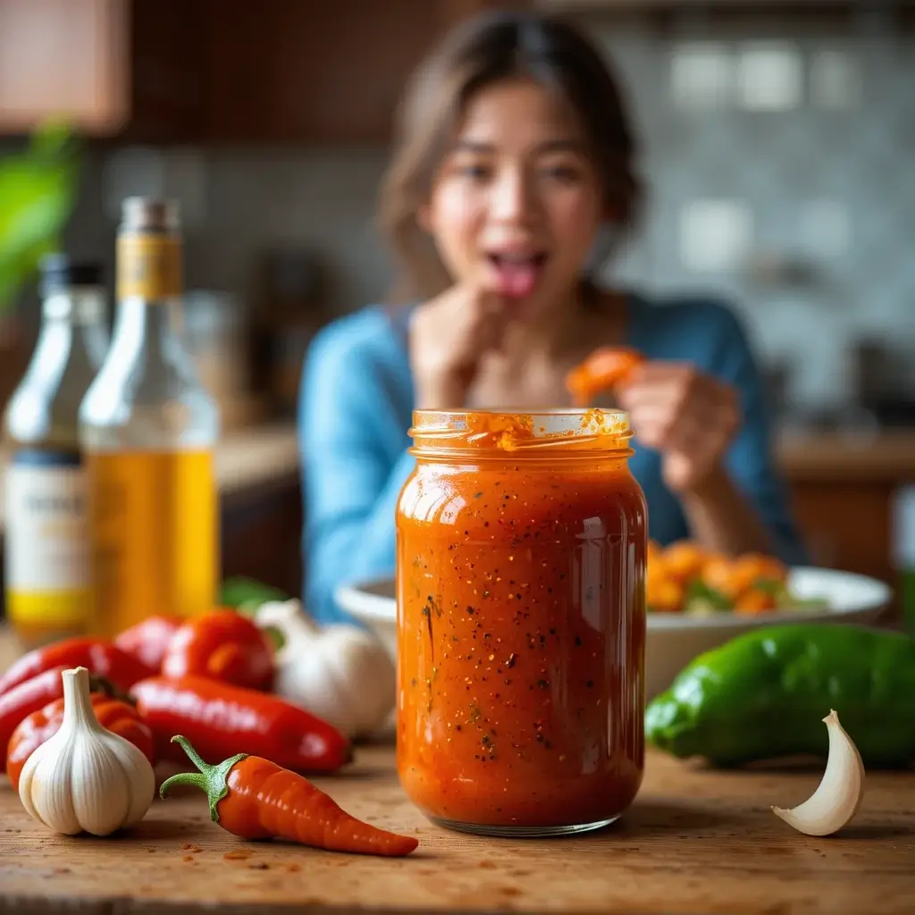 A jar of Scotch Bonnet hot sauce on a wooden counter, surrounded by fresh peppers and garlic, with a woman smiling in the background.