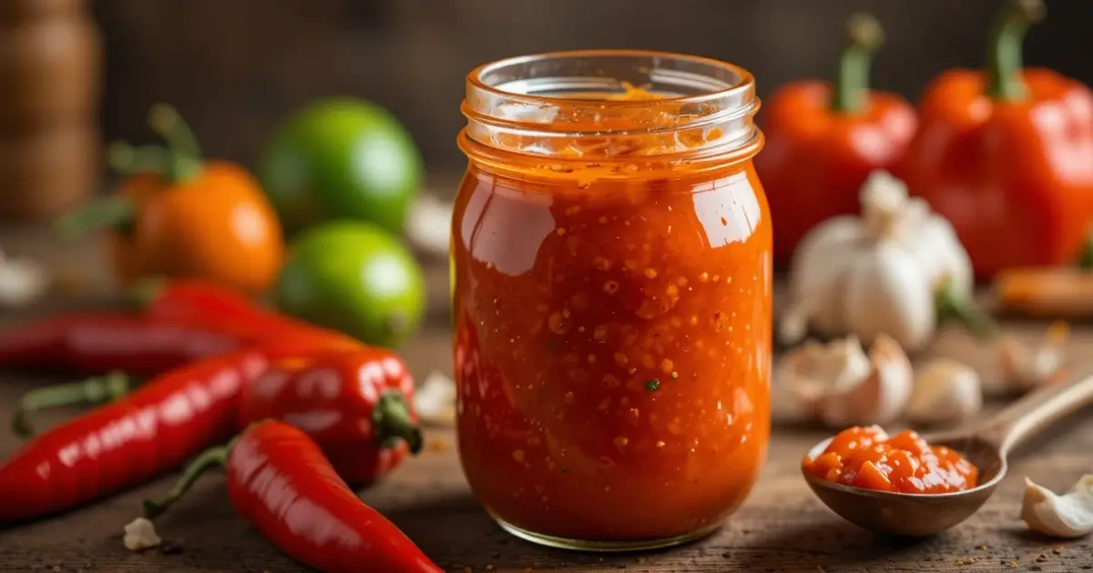 A jar of homemade Scotch Bonnet hot sauce surrounded by fresh peppers, garlic, and lime on a rustic wooden table.
