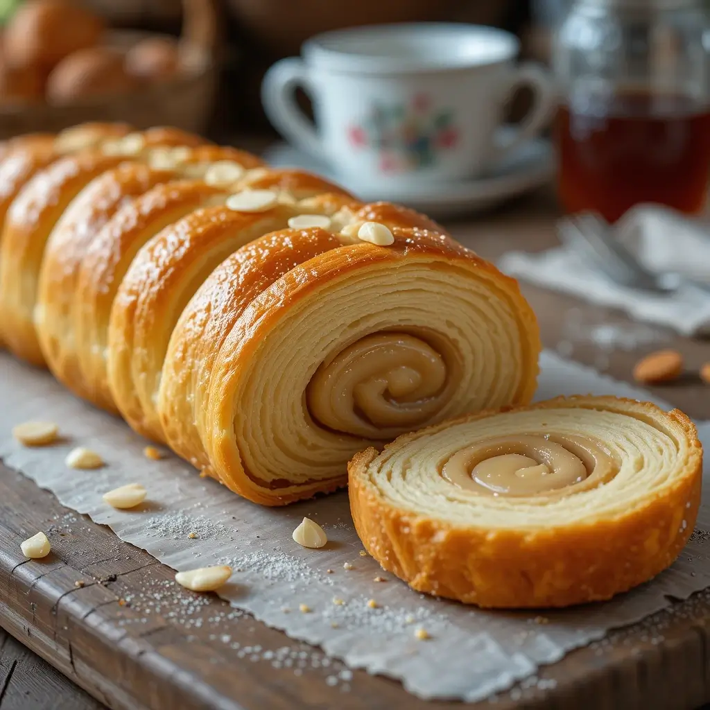 A long Dutch Banket pastry sliced into pieces, served on a white plate with a cup of coffee and fresh berries.