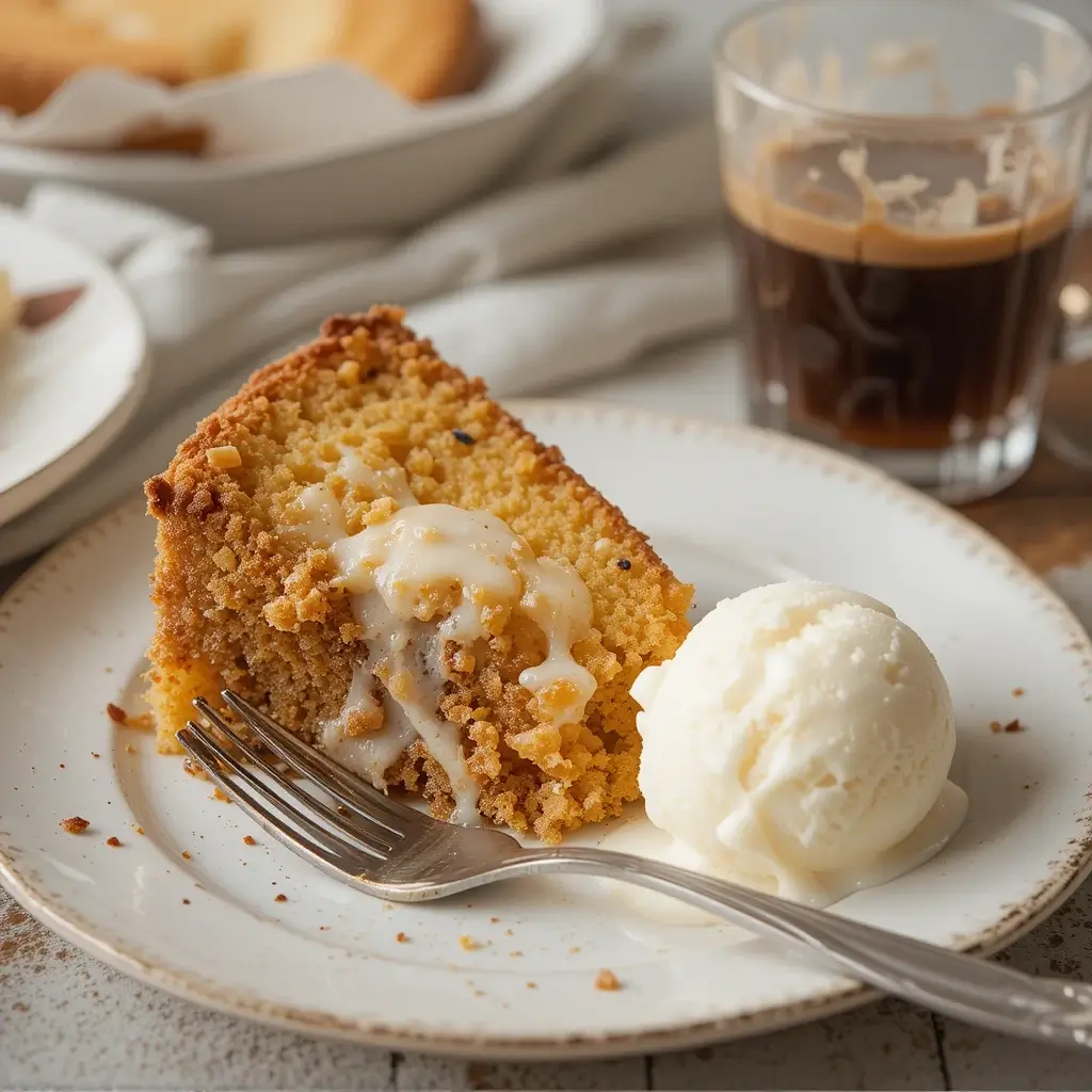 A plated slice of Hurricane Cake with a scoop of vanilla ice cream, a fork, and a steaming cup of coffee on a rustic wooden table.