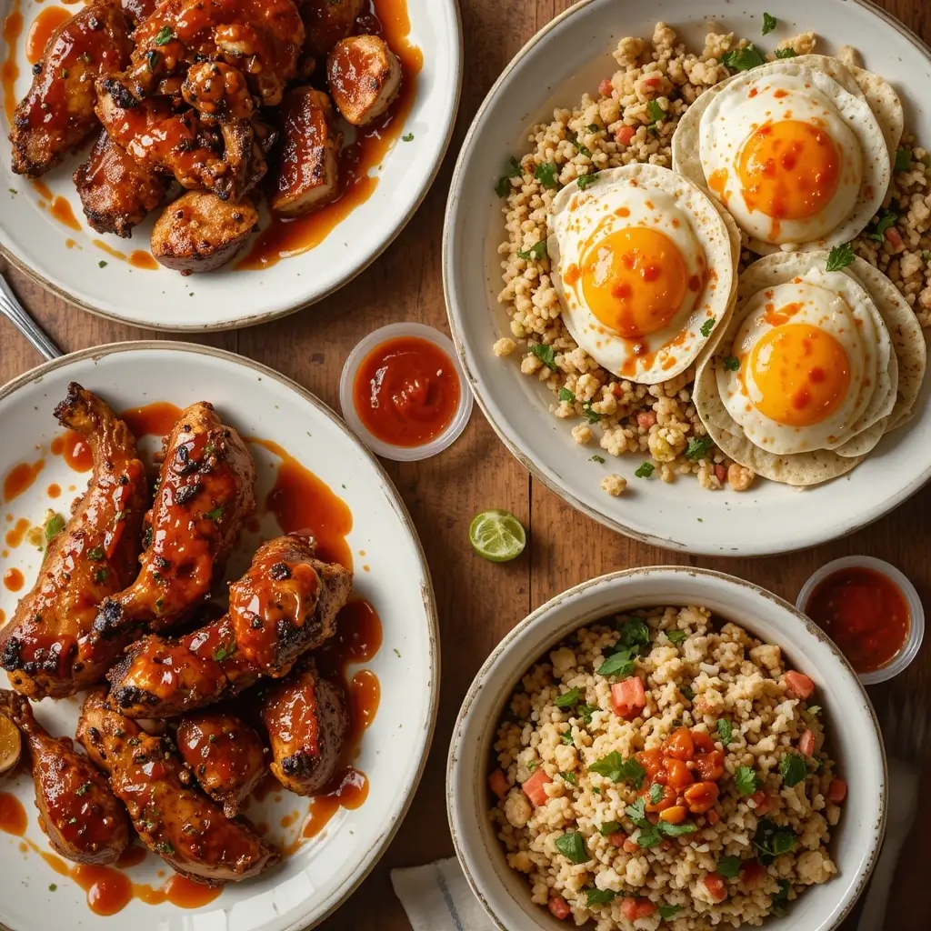 Plates of grilled chicken, tacos, and eggs drizzled with Scotch Bonnet hot sauce, with a small dipping bowl of sauce in the center.