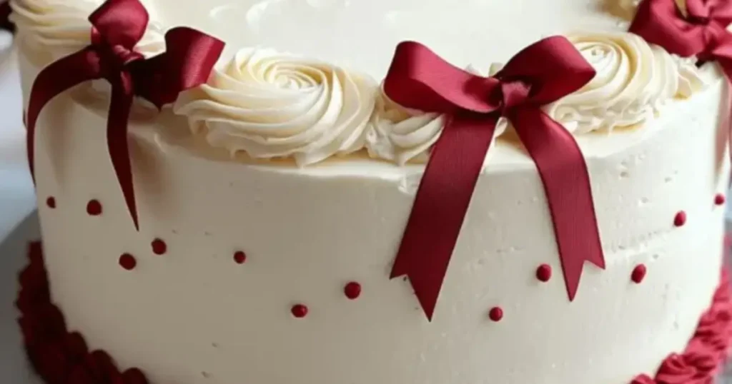 Elegant birthday cake with white frosting, red ribbon bows, and rosette decorations.